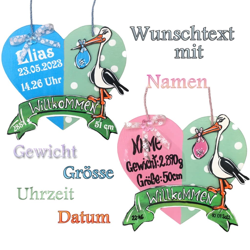 Holzschild mit Storch Babygeschenk