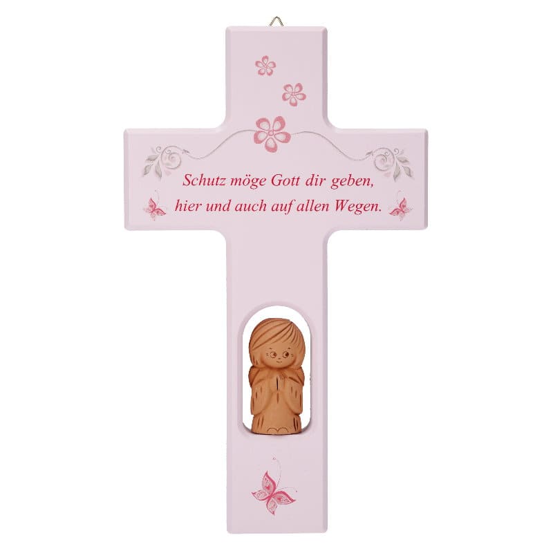 Kinderholzkreuz mit Tonengel in rosa lasiert