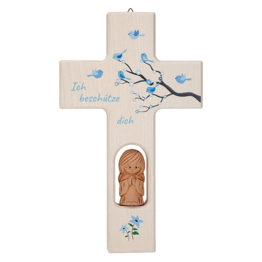 Schutzengelkreuz aus Holz in blau