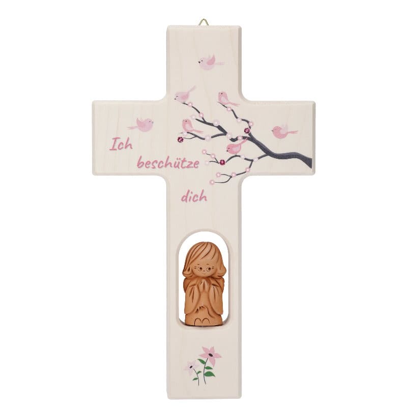 Schutzengelkreuz aus Holz in rosa