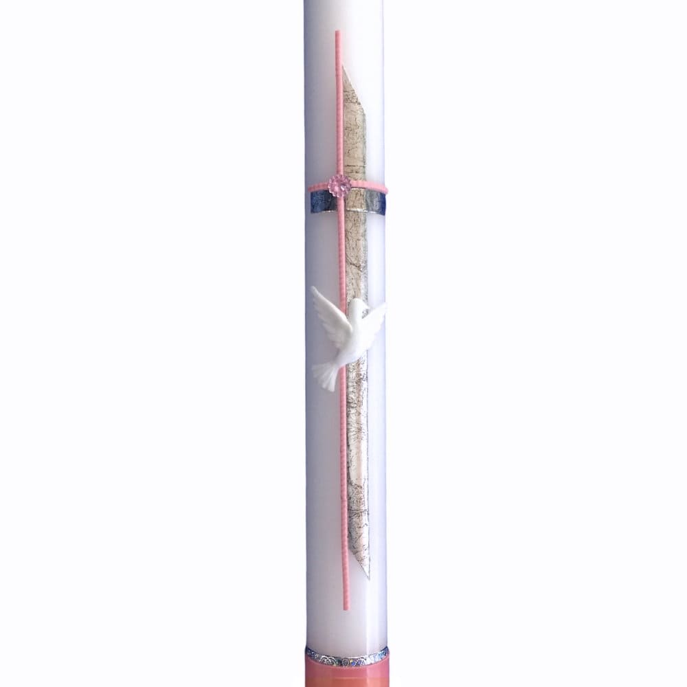 Taufkerze mit Taubenmotiv rosa-silber
