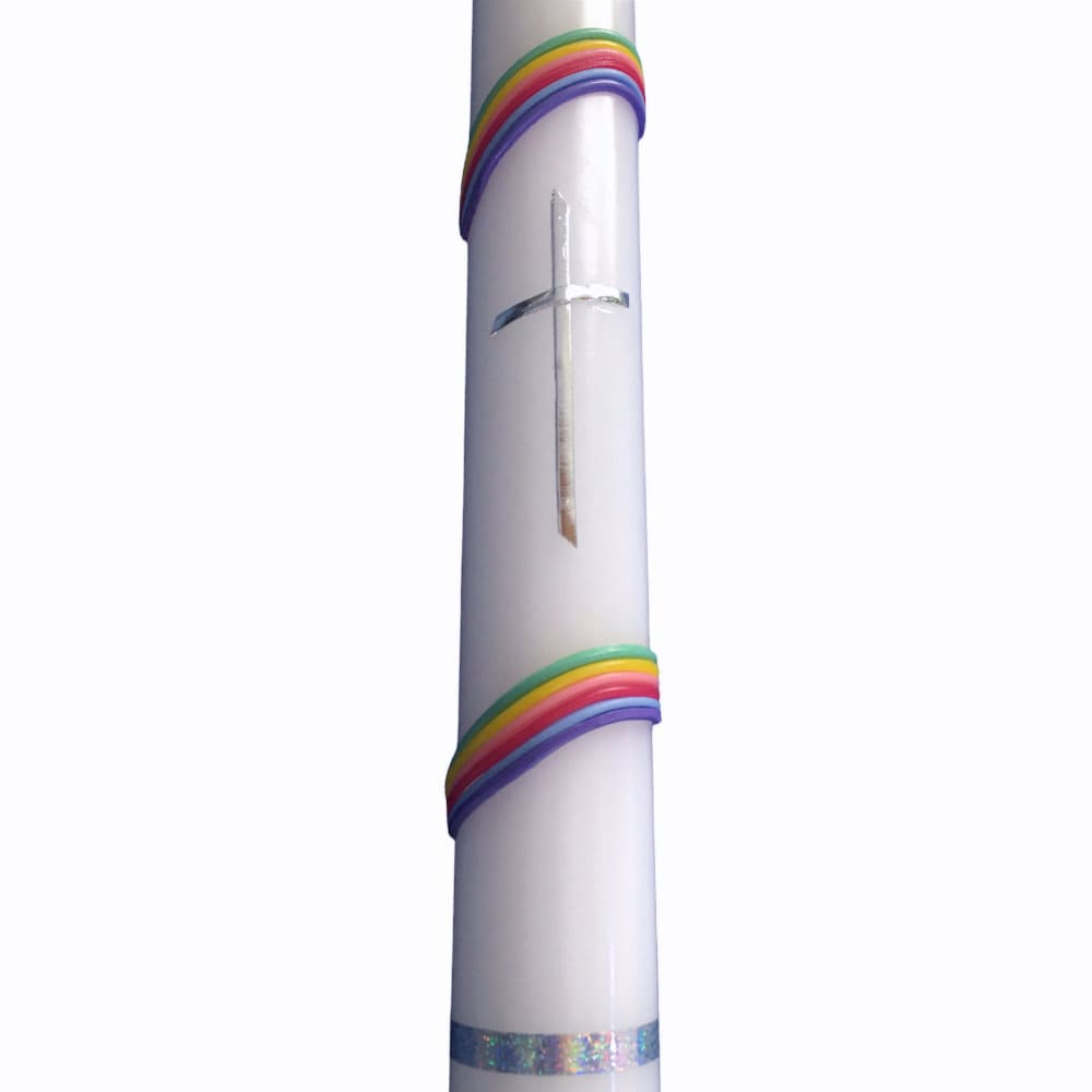Regenbogen Taufkerze weiss